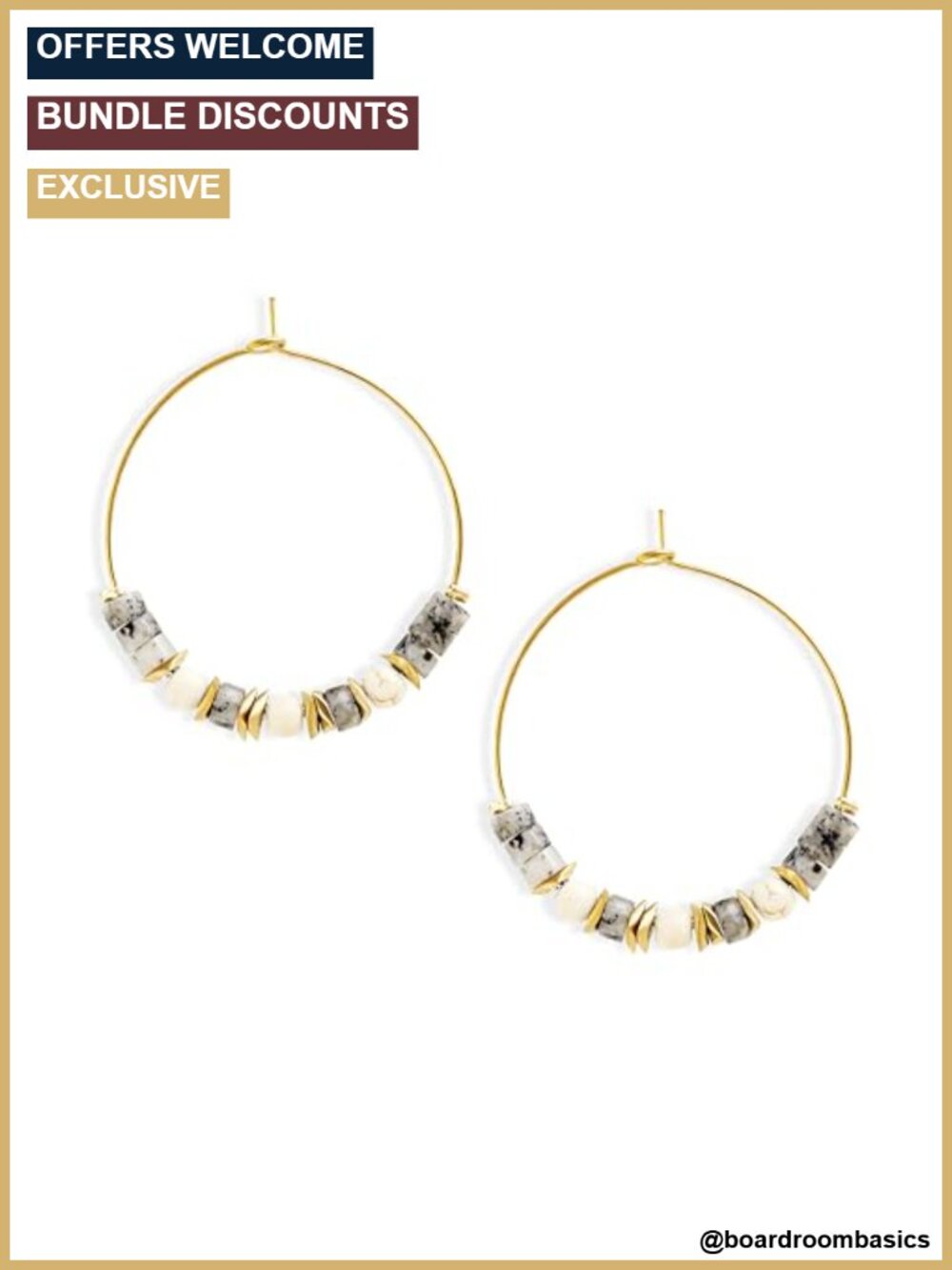 Natural Stone Beaded Hoop Earrings Stainless Steel Lever Back Boho Beach